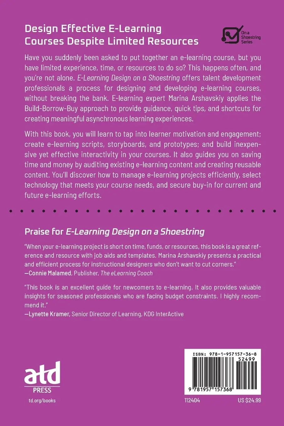 Rückseite: 9781957157368 | E-Learning Design on a Shoestring | Marina Arshavskiy | Taschenbuch