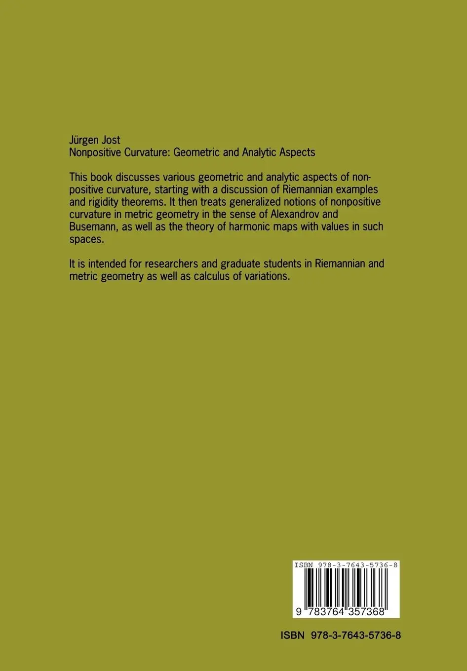 Rückseite: 9783764357368 | Nonpositive Curvature: Geometric and Analytic Aspects | Jürgen Jost