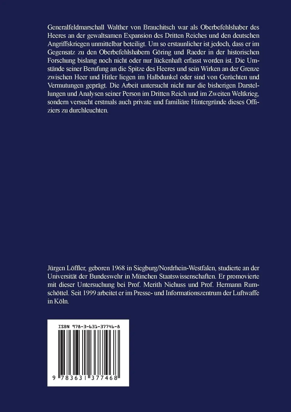 Rückseite: 9783631377468 | Walther von Brauchitsch (1881 - 1948) | Eine politische Biographie