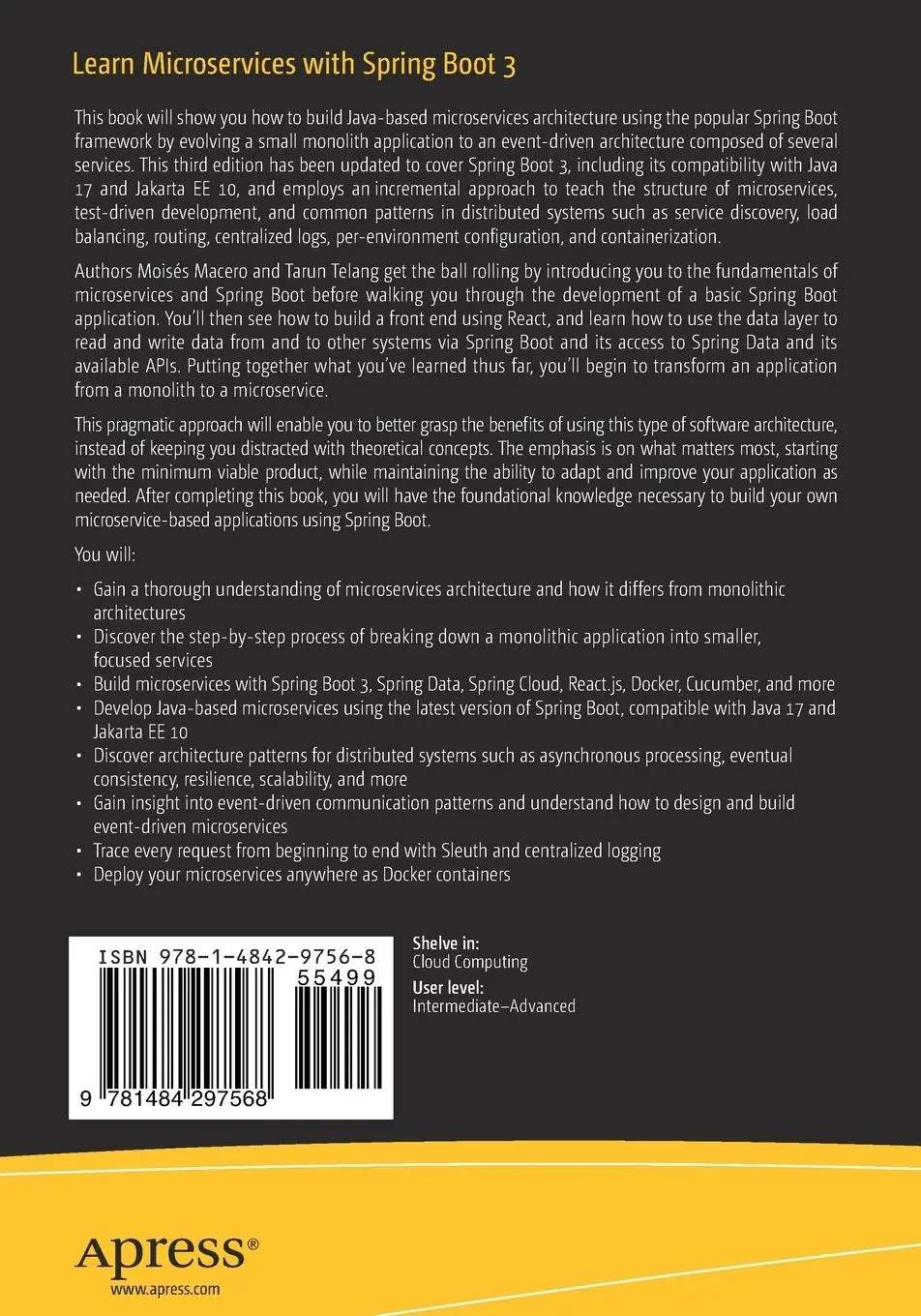 Rückseite: 9781484297568 | Learn Microservices with Spring Boot 3 | Tarun Telang (u. a.) | Buch