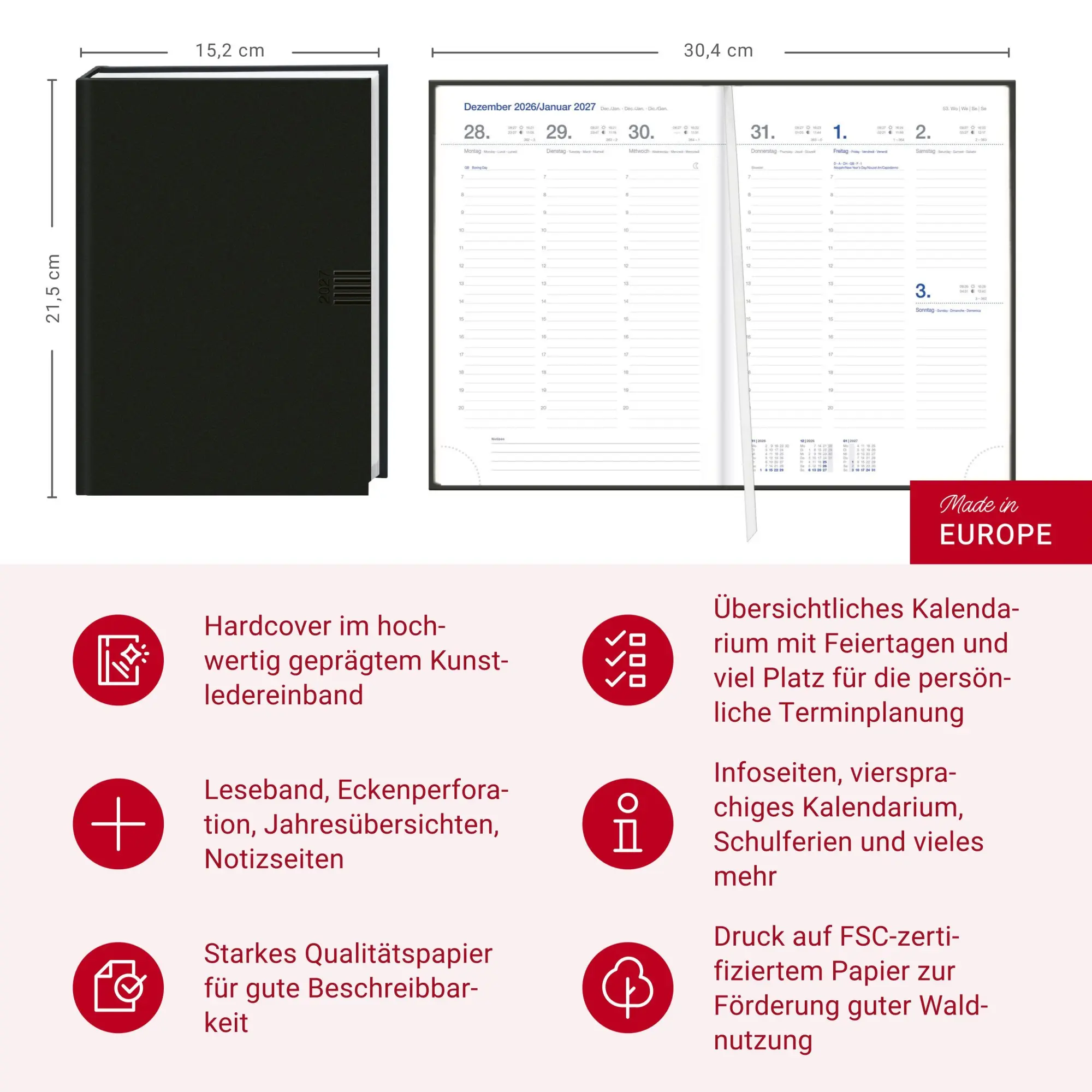 Bild: 9783756417568 | Wochen-Cheftimer A5, schwarz 2027 | Heye | Kalender | 136 S. | Deutsch