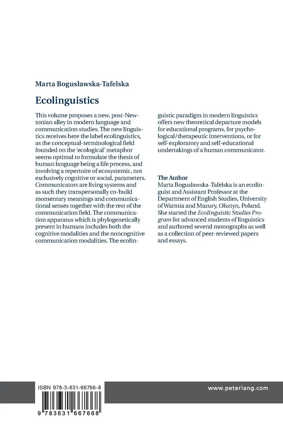 Rückseite: 9783631667668 | Ecolinguistics | Communication Processes at the Seam of Life | Buch