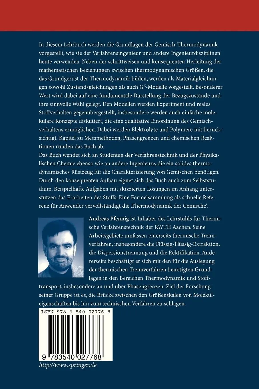 Rückseite: 9783540027768 | Thermodynamik der Gemische | Andreas Pfennig | Buch | x | Deutsch