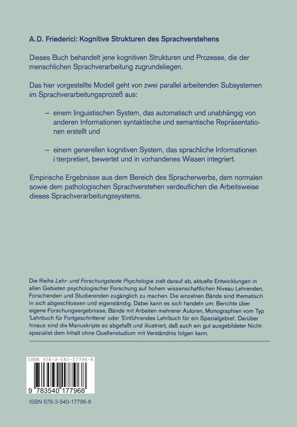 Rückseite: 9783540177968 | Kognitive Strukturen des Sprachverstehens | Angela D. Friederici | vii
