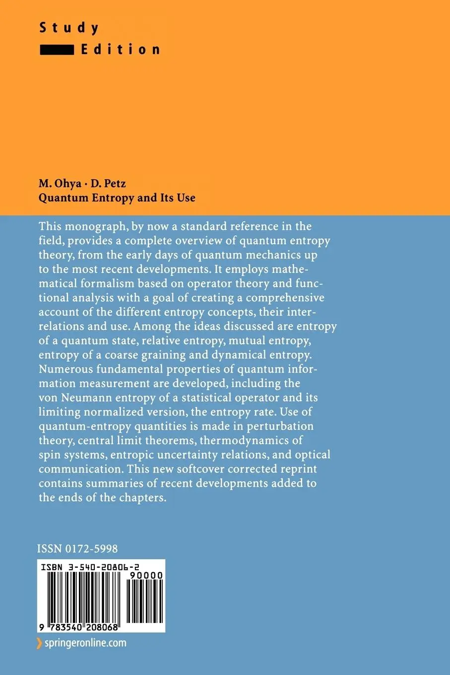Rückseite: 9783540208068 | Quantum Entropy and Its Use | Denes Petz (u. a.) | Taschenbuch | x