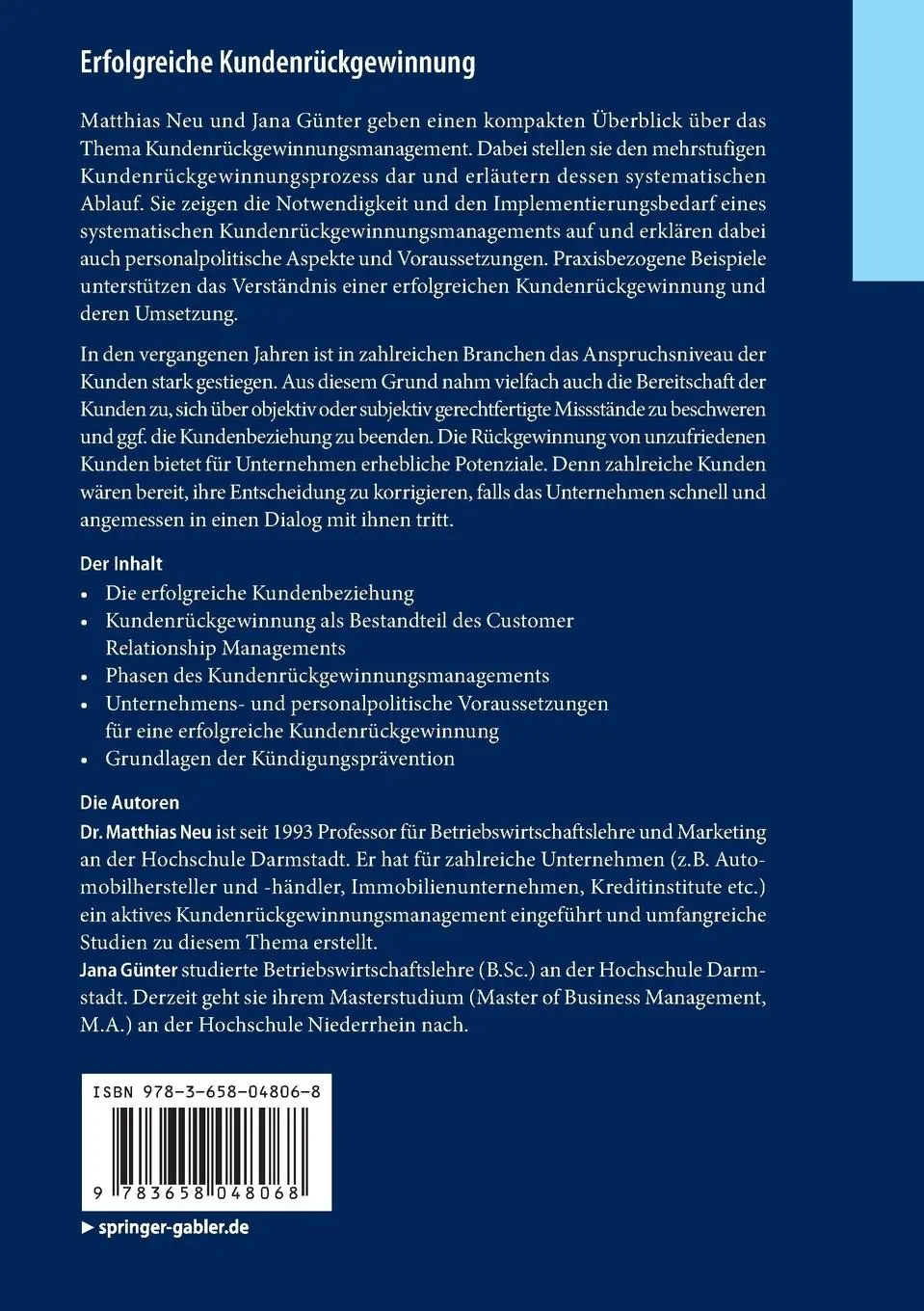 Rückseite: 9783658048068 | Erfolgreiche Kundenrückgewinnung | Jana Günter (u. a.) | Taschenbuch