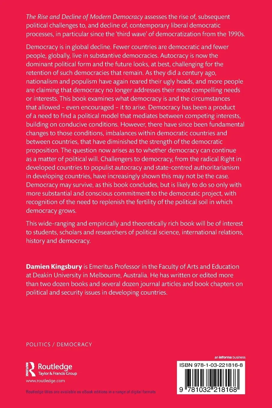 Rückseite: 9781032218168 | The Rise and Decline of Modern Democracy | Damien Kingsbury | Buch