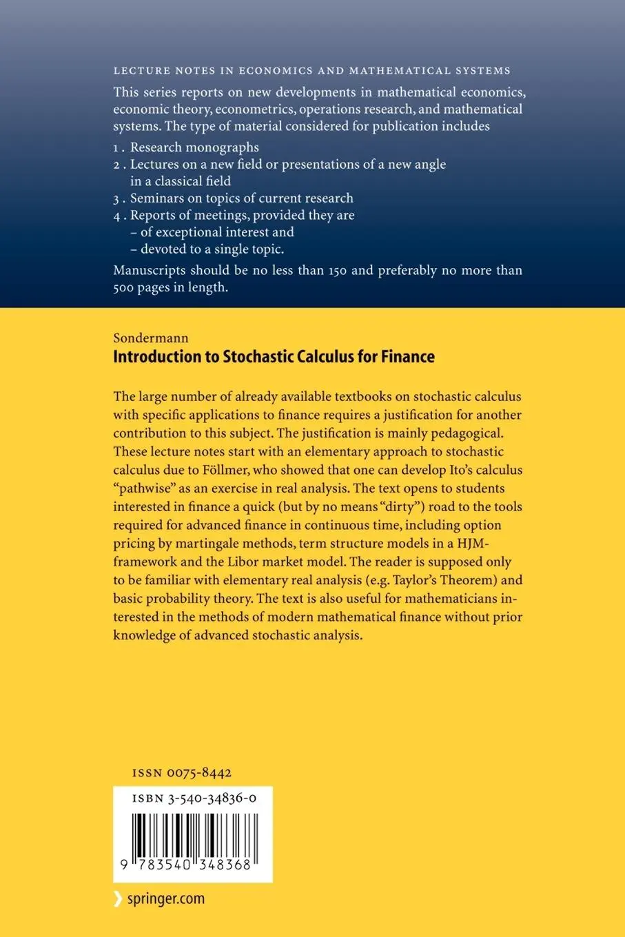 Rückseite: 9783540348368 | Introduction to Stochastic Calculus for Finance | Dieter Sondermann