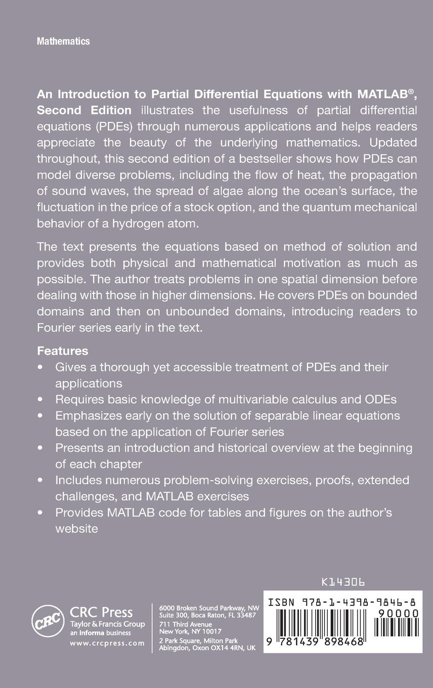 Rückseite: 9781439898468 | An Introduction to Partial Differential Equations with MATLAB | Buch