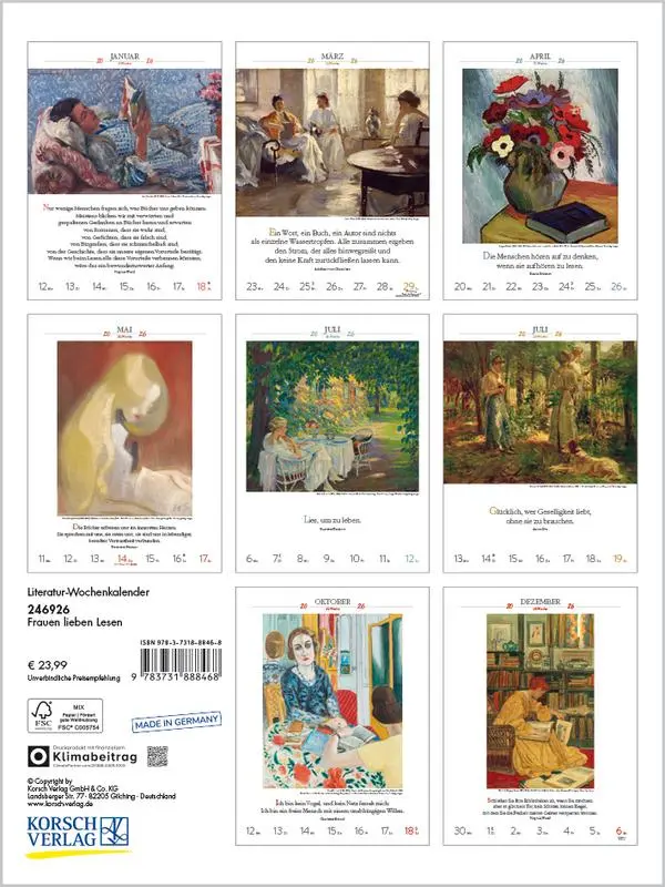 Bild: 9783731888468 | Literaturkalender Frauen lieben Lesen 2026 | Verlag Korsch | Kalender