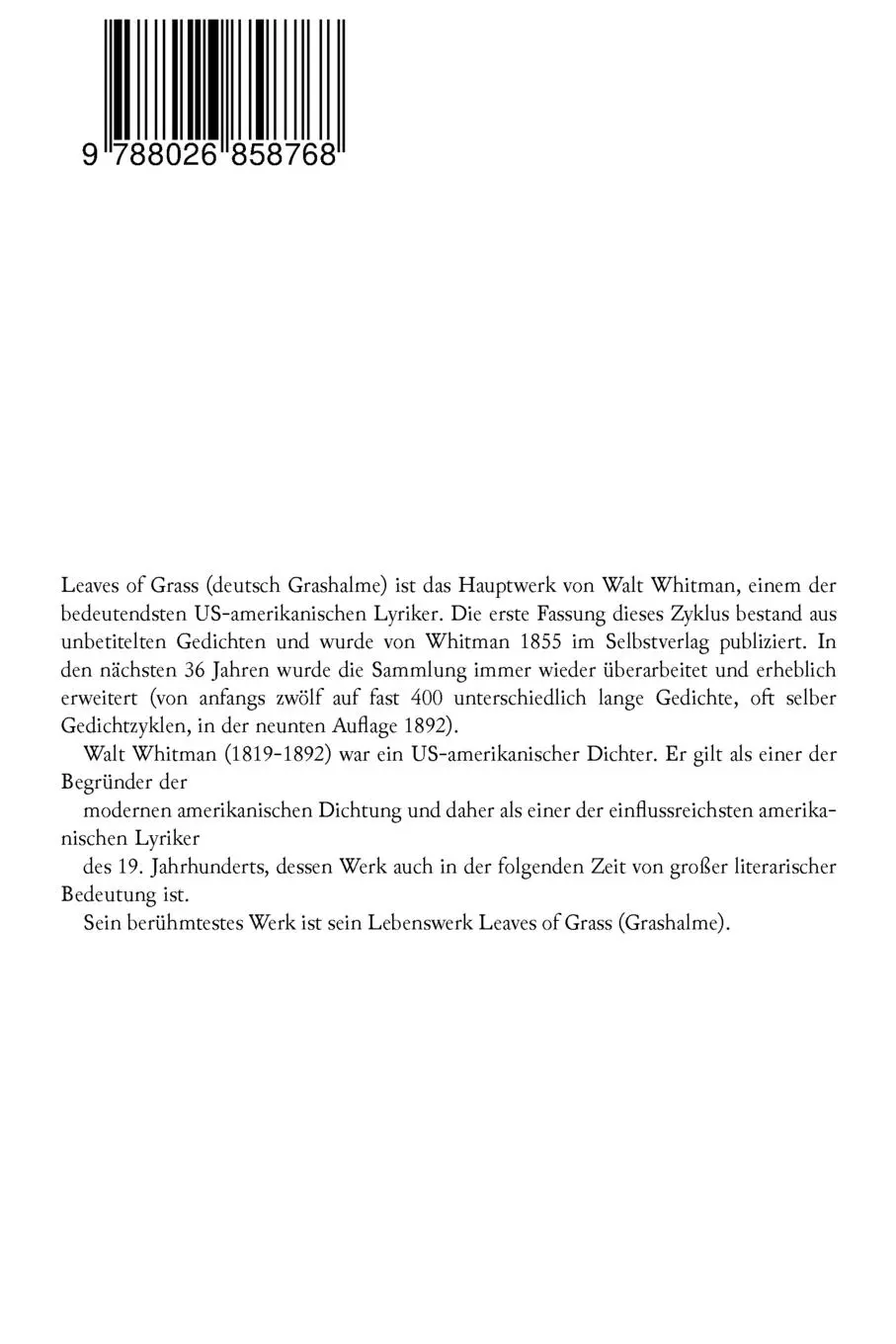 Rückseite: 9788026858768 | Grashalme | Walt Whitman | Taschenbuch | Kartoniert / Broschiert