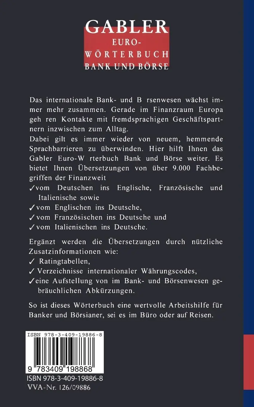 Rückseite: 9783409198868 | Gabler Euro-Wörterbuch Bank und Börse | Rolf P. Sonderegger | Buch