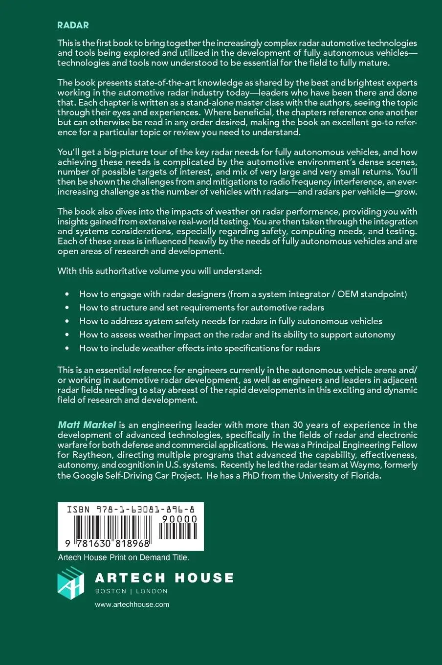 Rückseite: 9781630818968 | Radar for Fully Autonomous Driving | Matt Markel | Buch | Gebunden