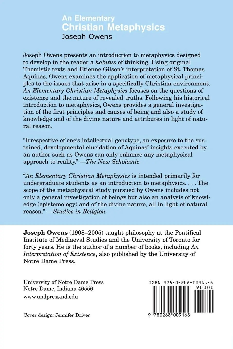 Rückseite: 9780268009168 | An Elementary Christian Metaphysics | Joseph Owens | Taschenbuch
