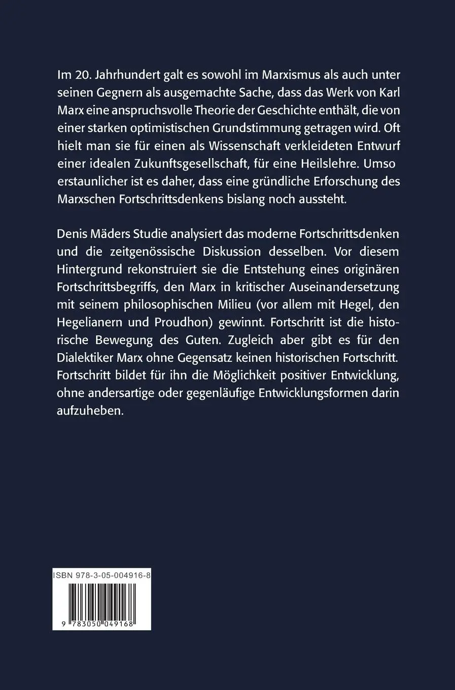 Rückseite: 9783050049168 | Fortschritt bei Marx | Denis Mäder | Buch | 367 S. | Deutsch | 2010