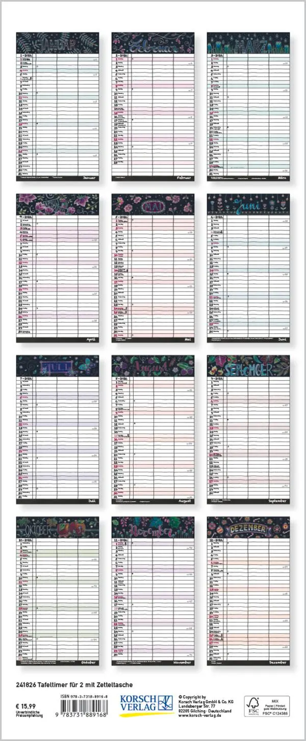 Bild: 9783731889168 | Tafeltimer für 2 mit Zetteltasche 2026 | Verlag Korsch | Kalender