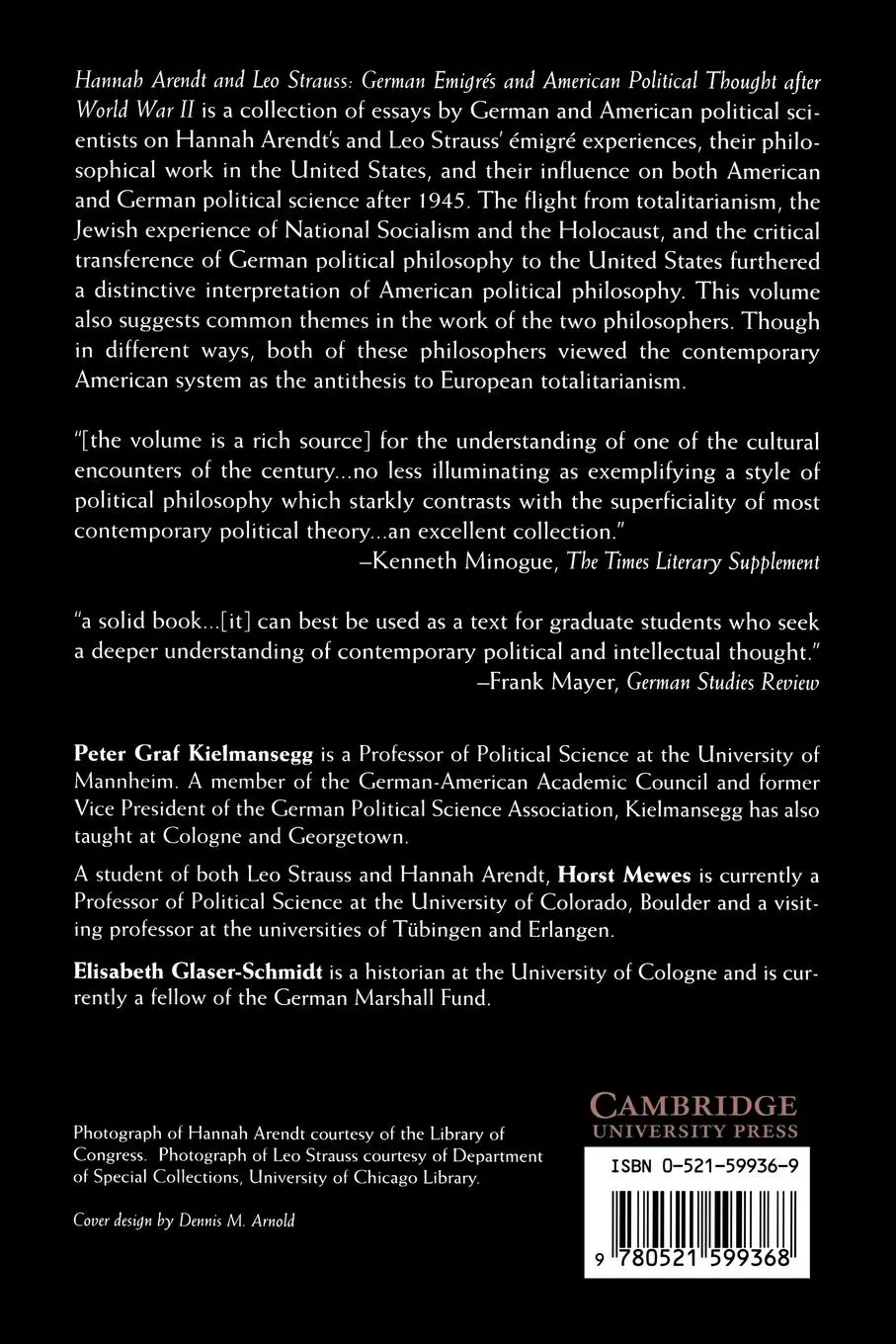 Rückseite: 9780521599368 | Hannah Arendt and Leo Strauss | Peter G. Kielmansegg (u. a.) | Buch