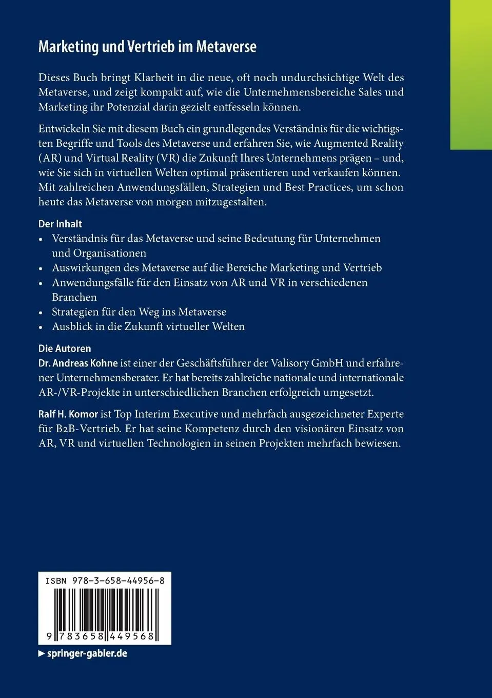 Rückseite: 9783658449568 | Marketing und Vertrieb im Metaverse | Ralf H. Komor (u. a.) | Buch