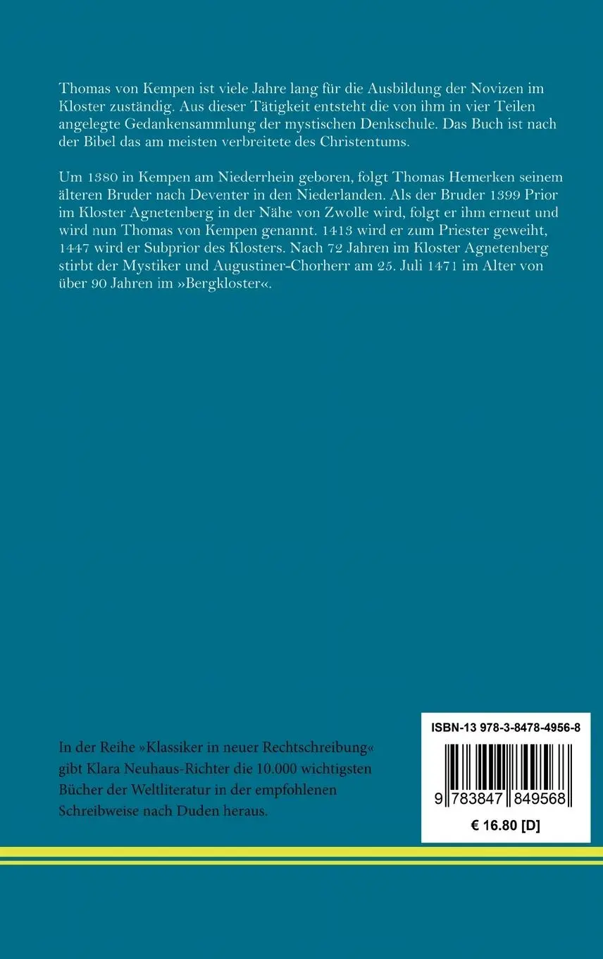 Rückseite: 9783847849568 | Die Nachfolge Christi | Thomas von Kempen | Buch | 180 S. | Deutsch