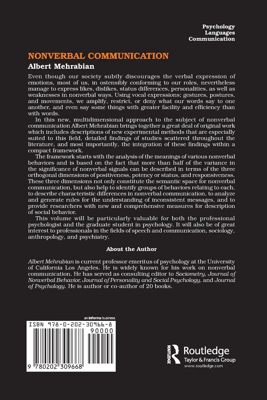 Rückseite: 9780202309668 | Nonverbal Communication | Albert Mehrabian | Taschenbuch | Englisch