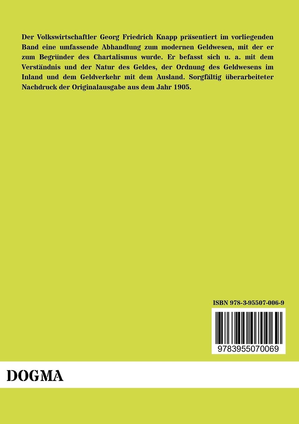 Rückseite: 9783955070069 | Staatliche Theorie des Geldes | Georg Friedrich Knapp | Taschenbuch