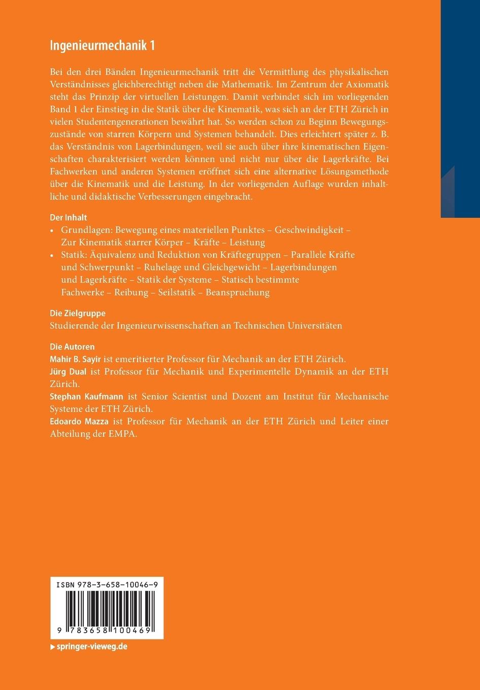 Rückseite: 9783658100469 | Ingenieurmechanik 1 | Grundlagen und Statik | Mahir Sayir (u. a.)