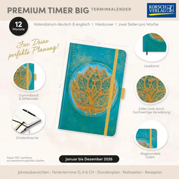 Bild: 9783731890669 | Premium Timer Big "Lotus" 2026 | Verlag Korsch | Buch | 144 S. | 2026