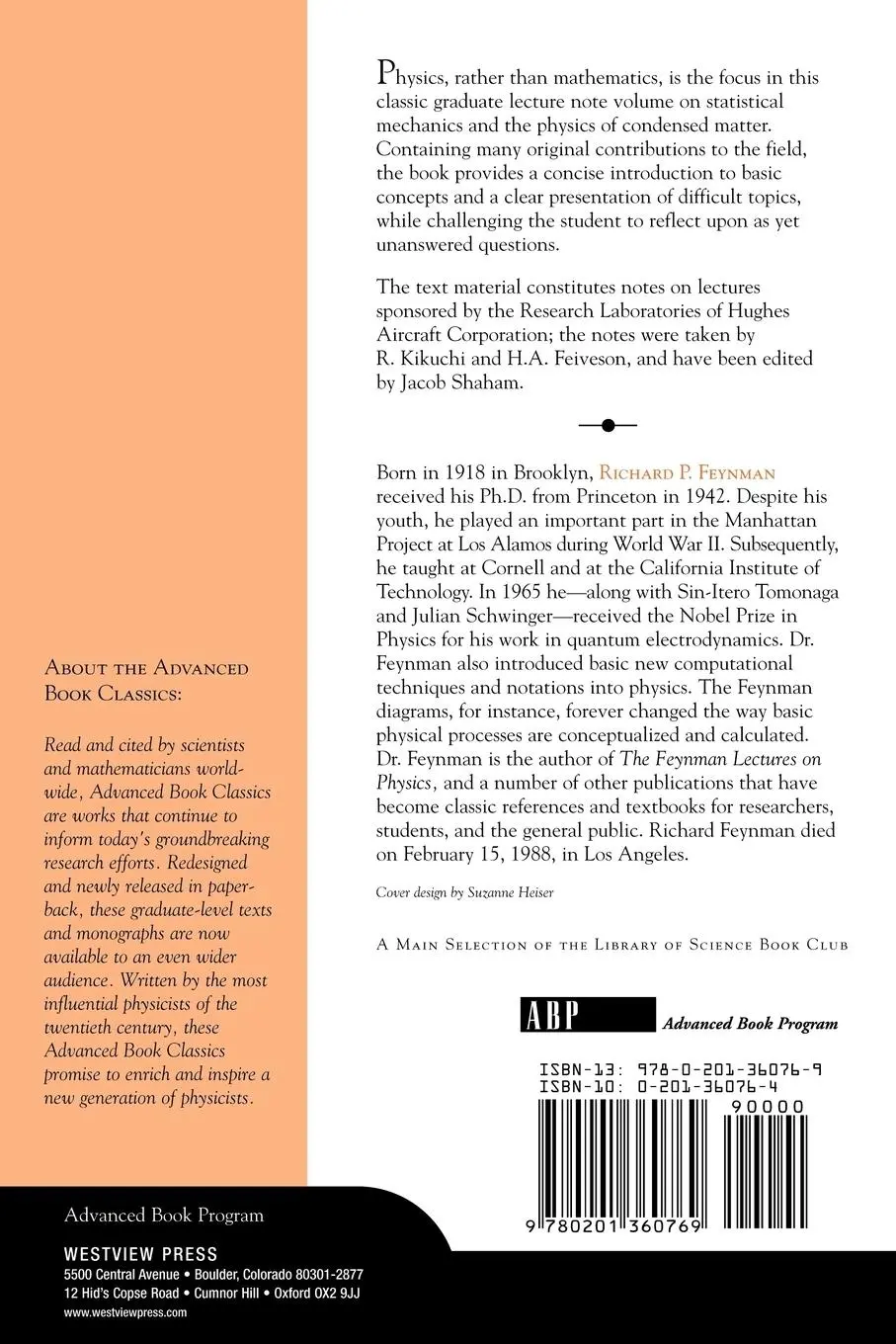 Rückseite: 9780201360769 | Statistical Mechanics | A Set Of Lectures | Richard P. Feynman | Buch