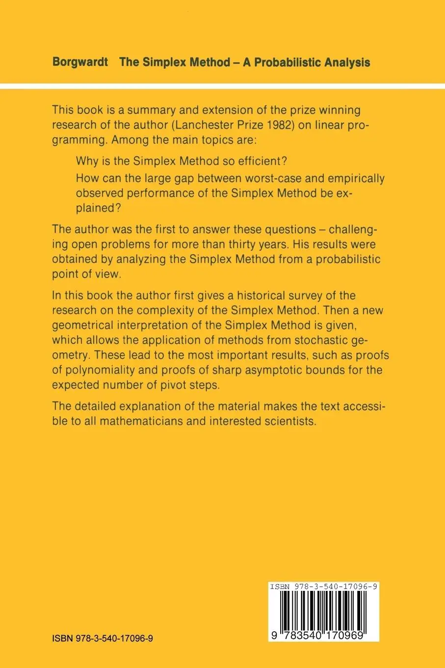 Rückseite: 9783540170969 | The Simplex Method | A Probabilistic Analysis | Karl Heinz Borgwardt