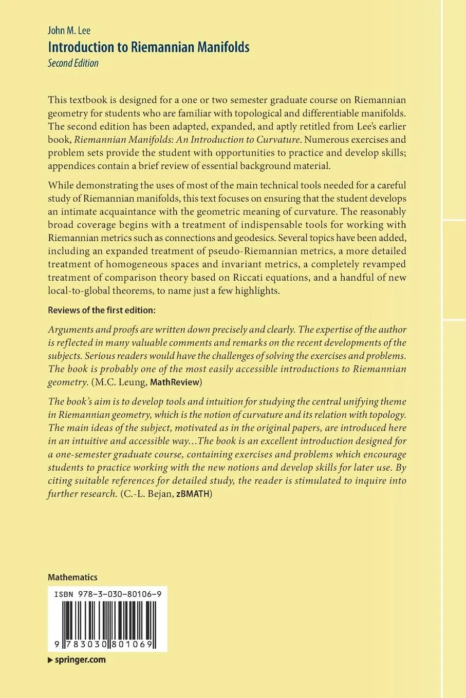 Rückseite: 9783030801069 | Introduction to Riemannian Manifolds | John M. Lee | Taschenbuch