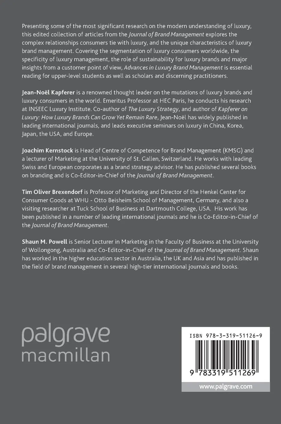 Rückseite: 9783319511269 | Advances in Luxury Brand Management | Jean-Noël Kapferer (u. a.) | x