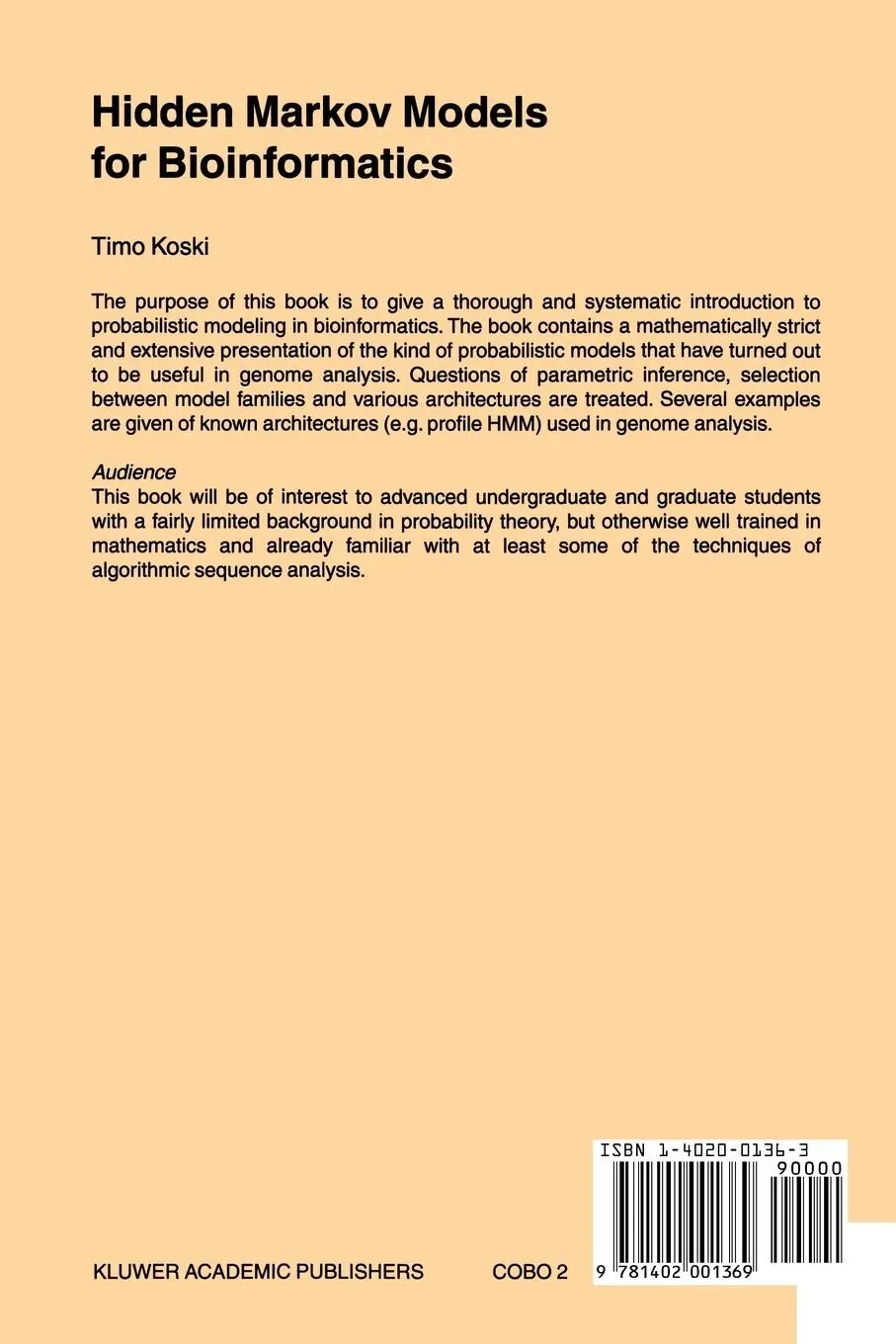 Rückseite: 9781402001369 | Hidden Markov Models for Bioinformatics | T. Koski | Taschenbuch