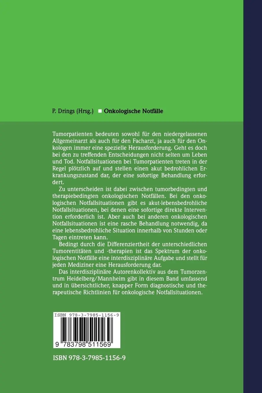 Rückseite: 9783798511569 | Onkologische Notfälle | Peter Drings | Taschenbuch | viii | Deutsch