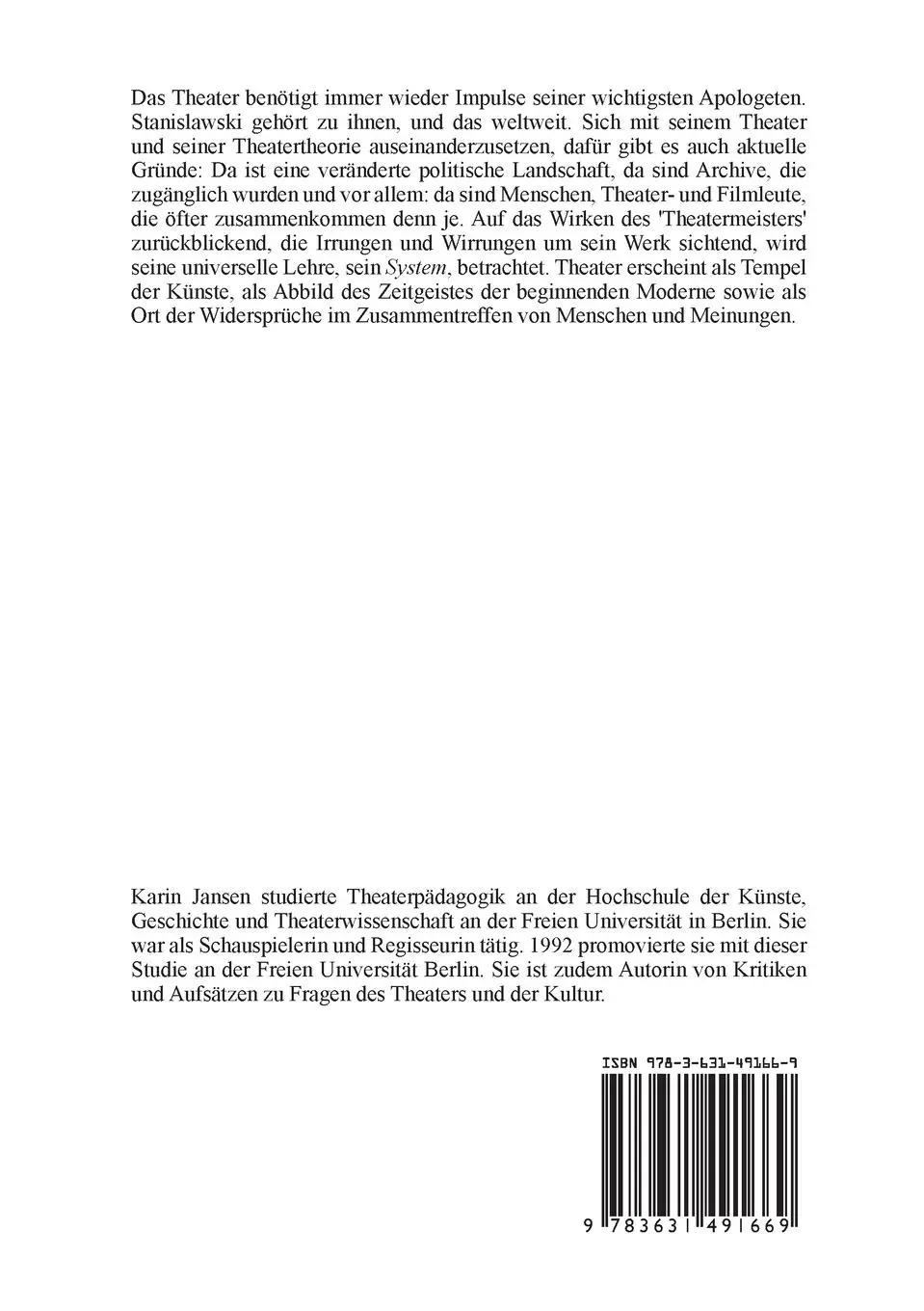 Rückseite: 9783631491669 | Stanislawski - Theaterarbeit nach System | Karin Jansen | Taschenbuch