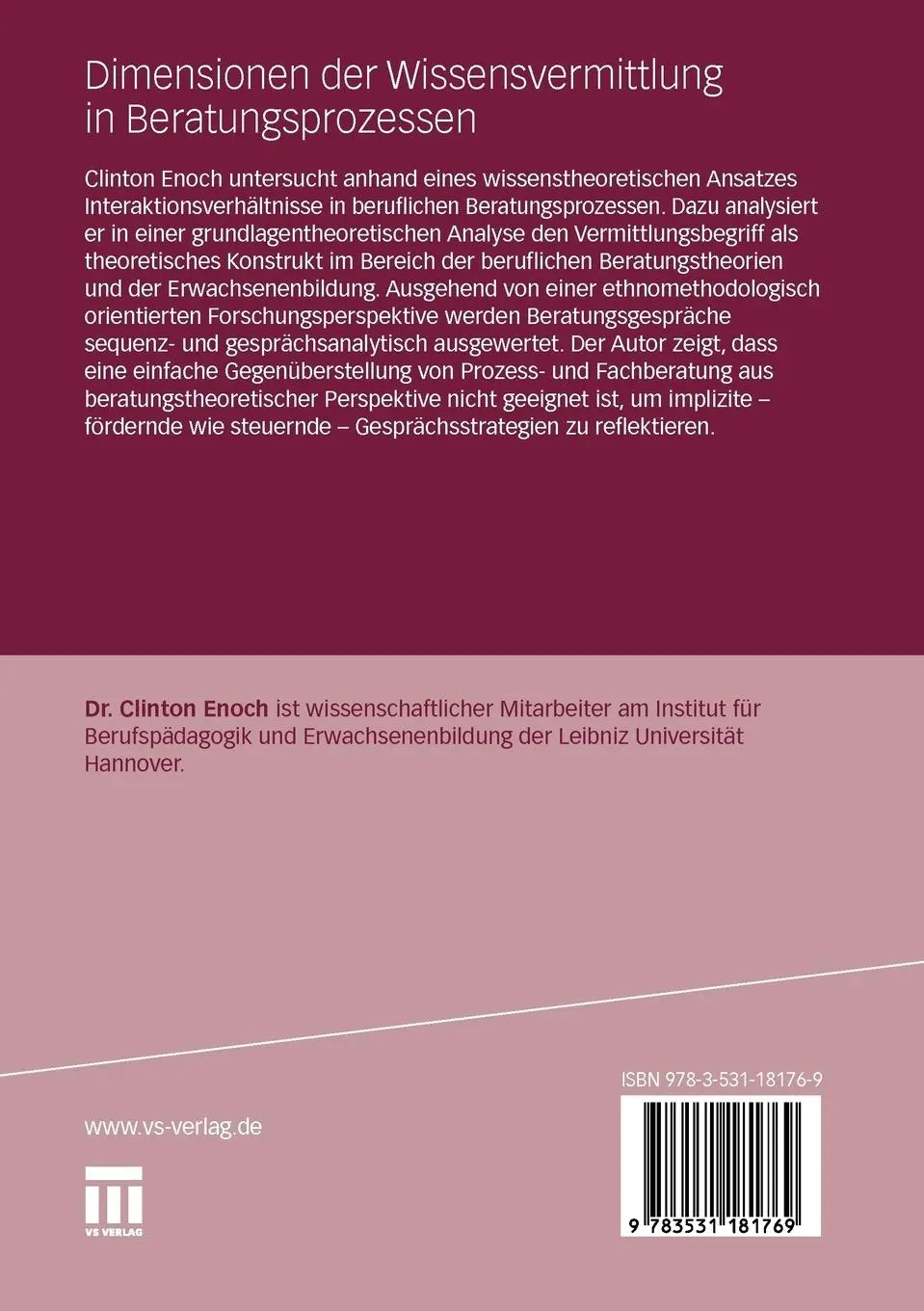Rückseite: 9783531181769 | Dimensionen der Wissensvermittlung in Beratungsprozessen | Enoch