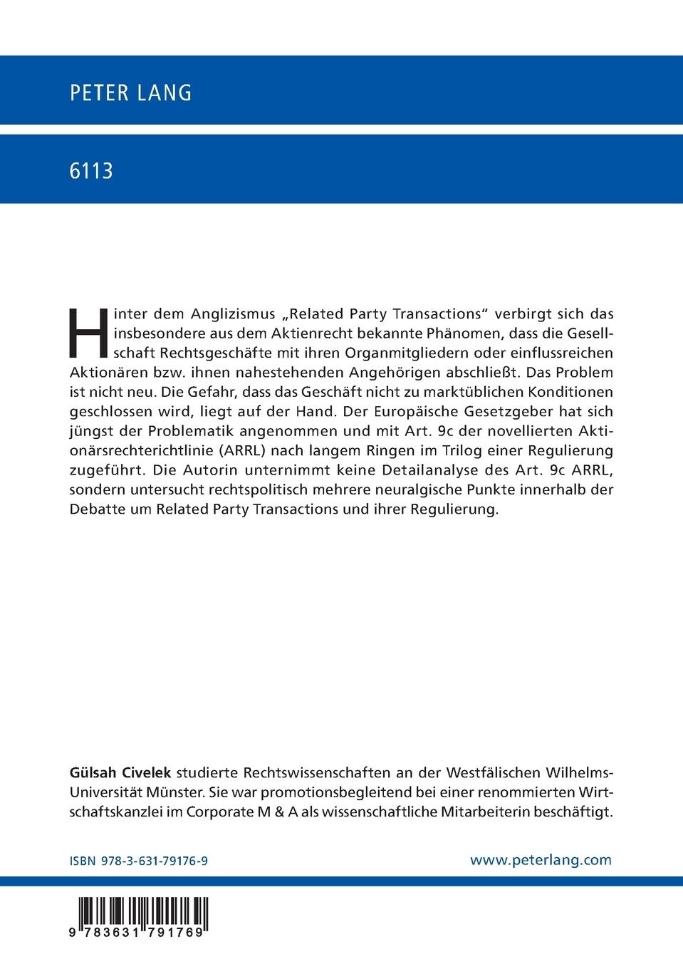 Rückseite: 9783631791769 | Regulierungsoptionen für Related Party Transactions | Gülsah Civelek