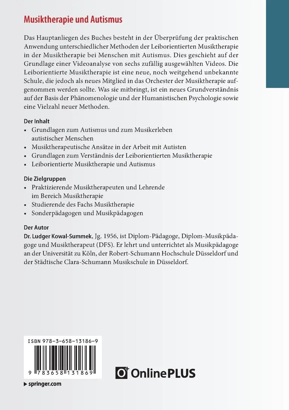 Rückseite: 9783658131869 | Musiktherapie und Autismus | Ludger Kowal-Summek | Taschenbuch | xv