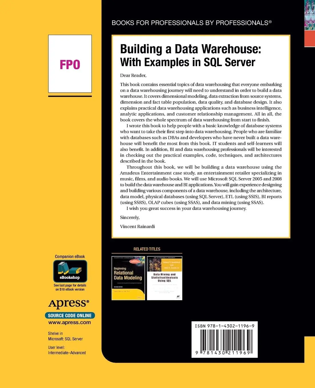 Rückseite: 9781430211969 | Building a Data Warehouse | With Examples in SQL Server | Rainardi