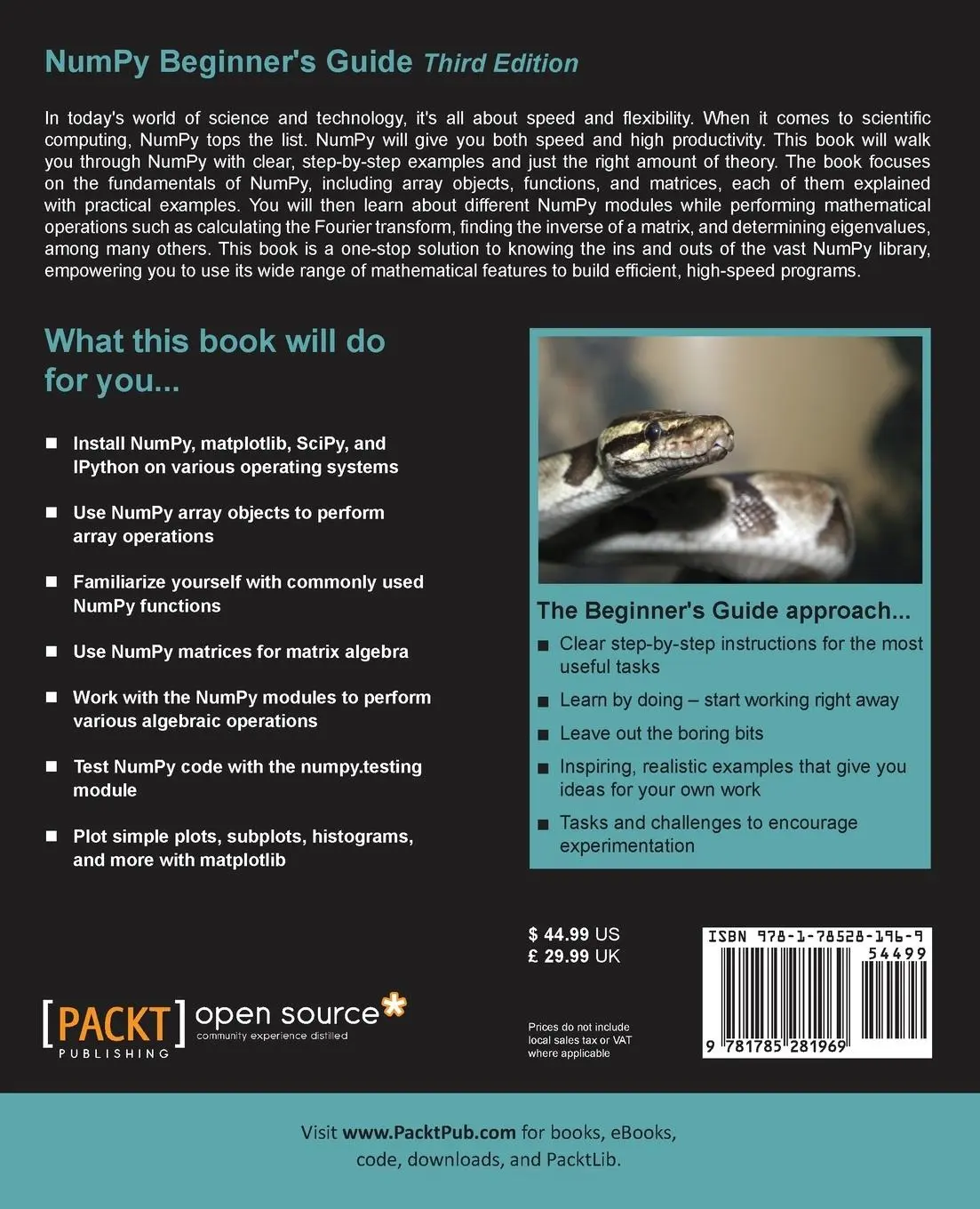 Rückseite: 9781785281969 | Numpy Beginner's Guide - Third Edition | Ivan Idris | Taschenbuch