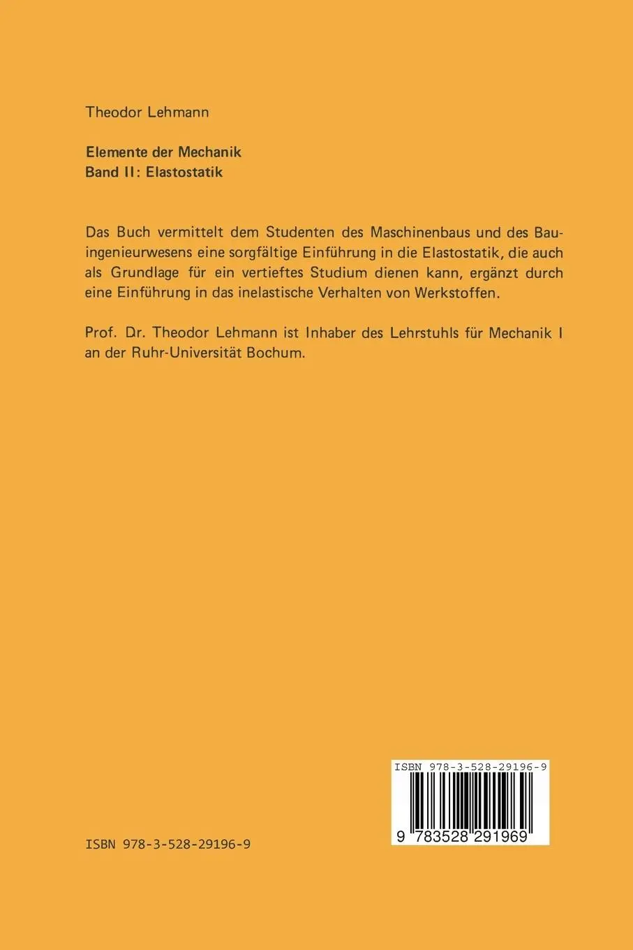 Rückseite: 9783528291969 | Elemente der Mechanik II: Elastostatik | Theodor Lehmann | Taschenbuch