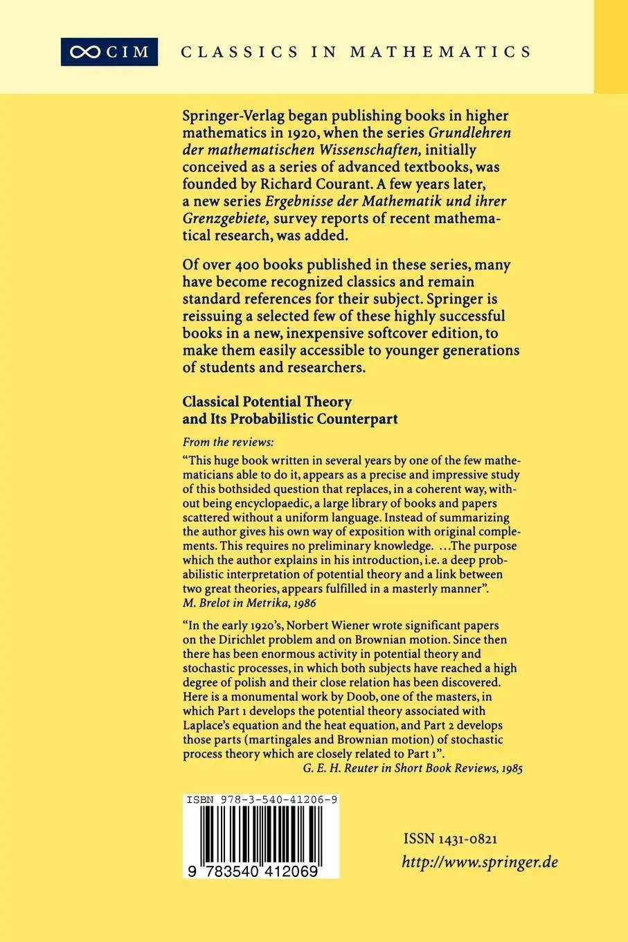 Rückseite: 9783540412069 | Classical Potential Theory and Its Probabilistic Counterpart | Doob