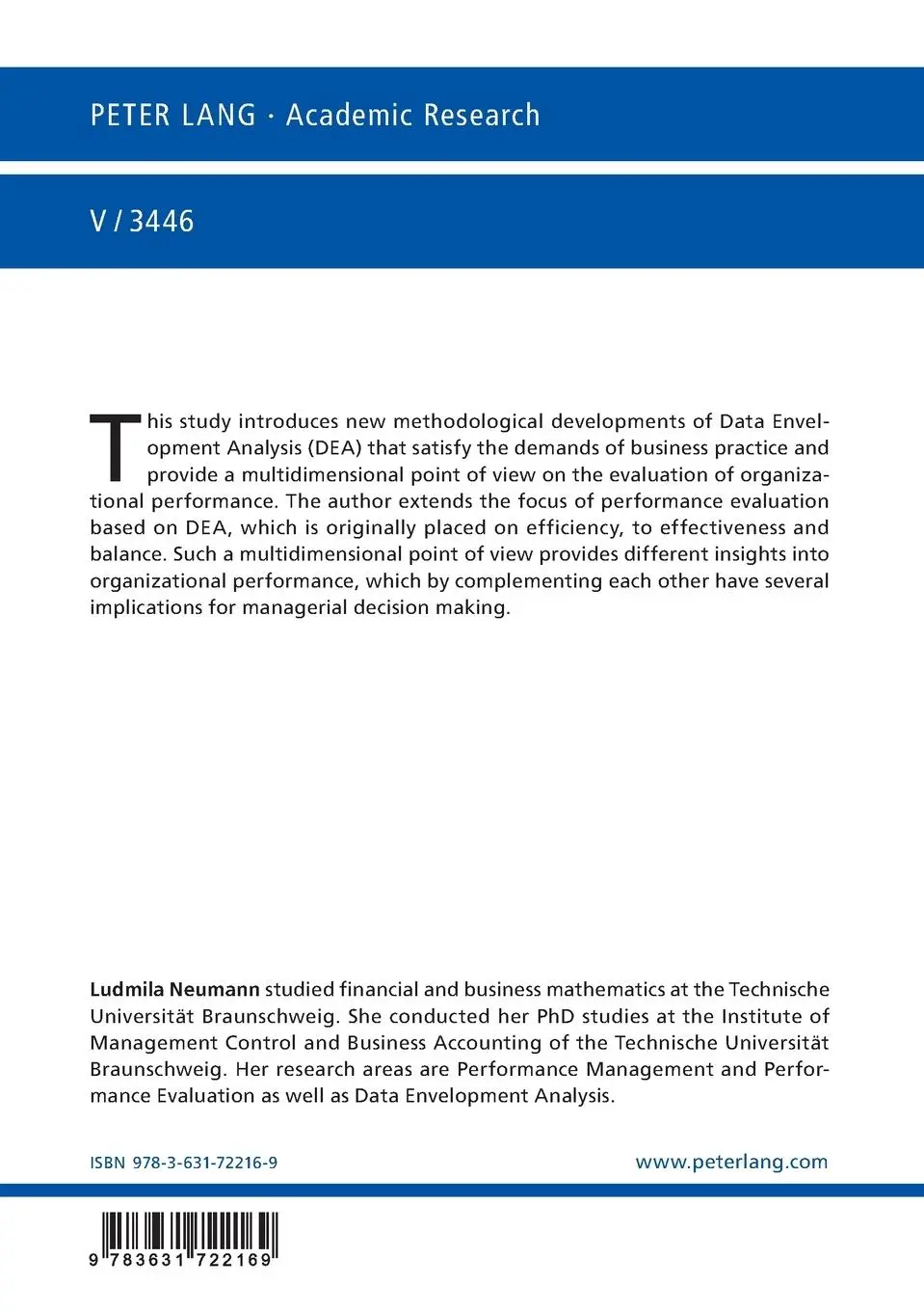 Rückseite: 9783631722169 | Extended Performance Evaluation Based on DEA | Ludmila Neumann | Buch