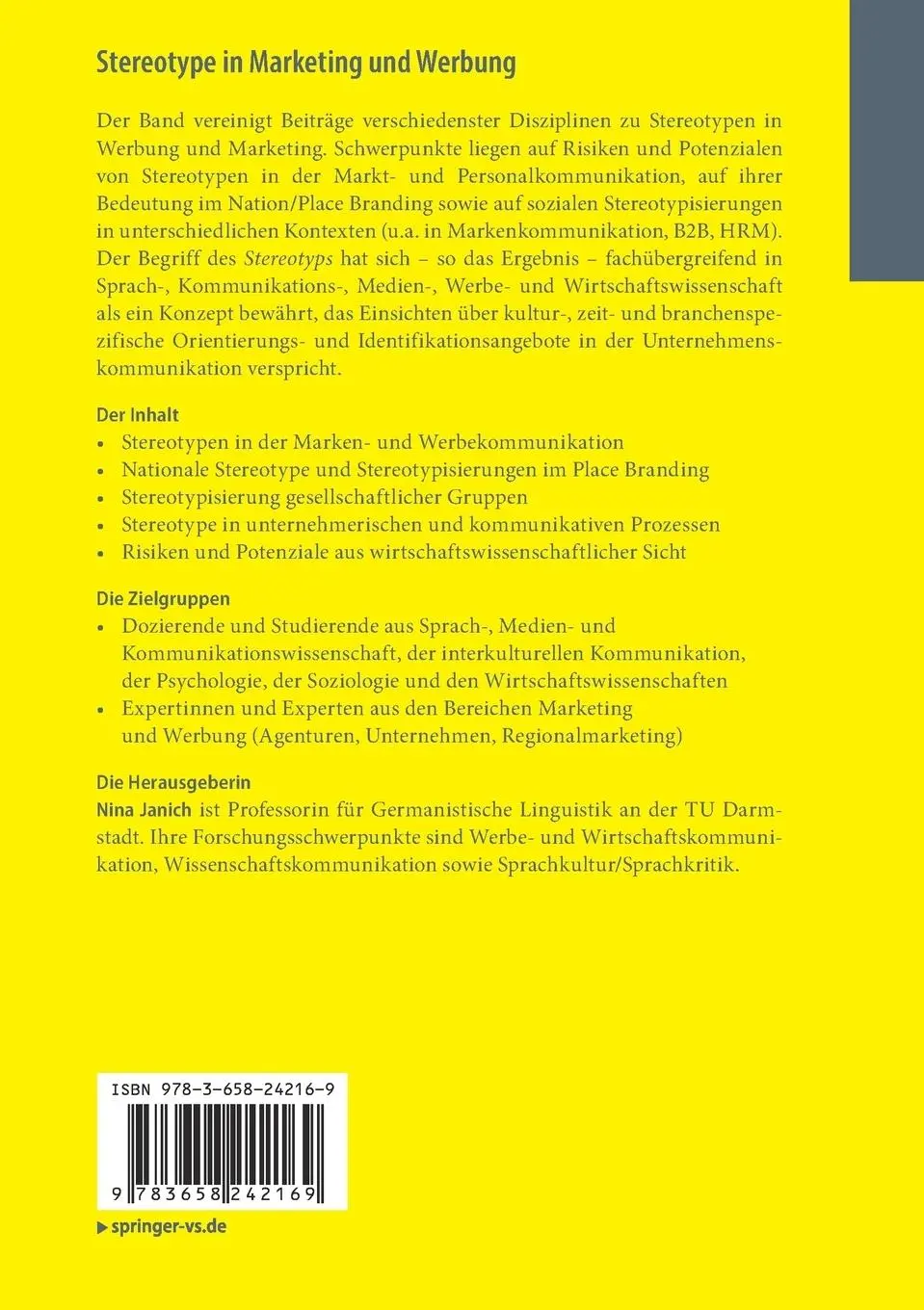 Rückseite: 9783658242169 | Stereotype in Marketing und Werbung | Nina Janich | Taschenbuch | vii
