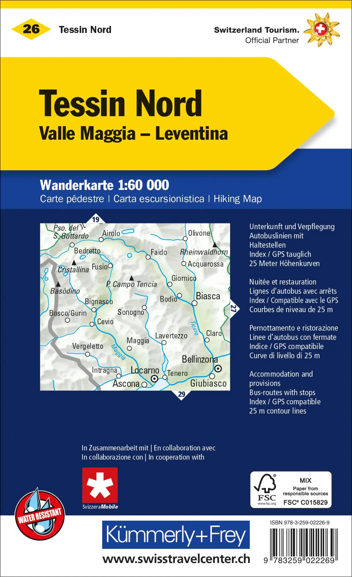 Rückseite: 9783259022269 | Kümmerly+Frey Wanderkarte 26 Ticino, Sopraceneri 1:60.000 | AG | 2022