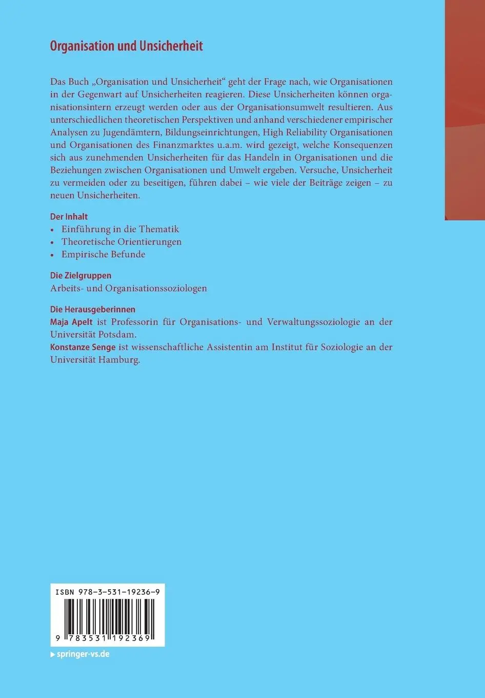 Rückseite: 9783531192369 | Organisation und Unsicherheit | Konstanze Senge (u. a.) | Taschenbuch