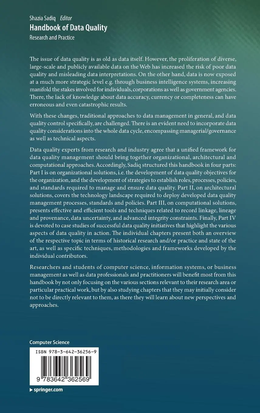 Rückseite: 9783642362569 | Handbook of Data Quality | Research and Practice | Shazia Sadiq | Buch