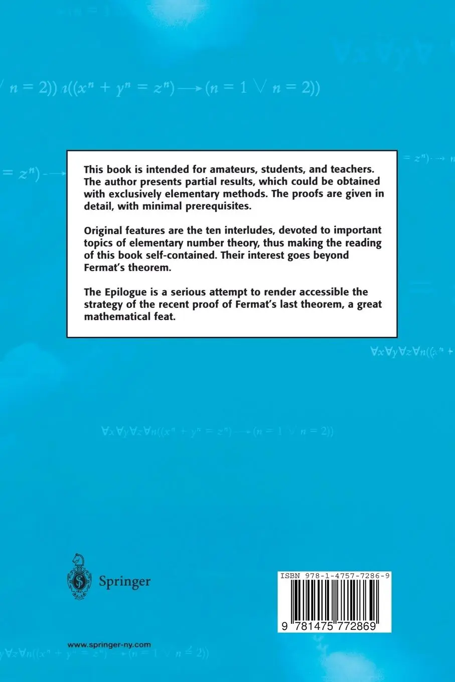 Rückseite: 9781475772869 | Fermat's Last Theorem for Amateurs | Paulo Ribenboim | Taschenbuch