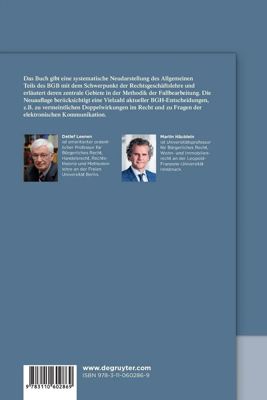 Rückseite: 9783110602869 | BGB Allgemeiner Teil: Rechtsgeschäftslehre | Detlef Leenen (u. a.)