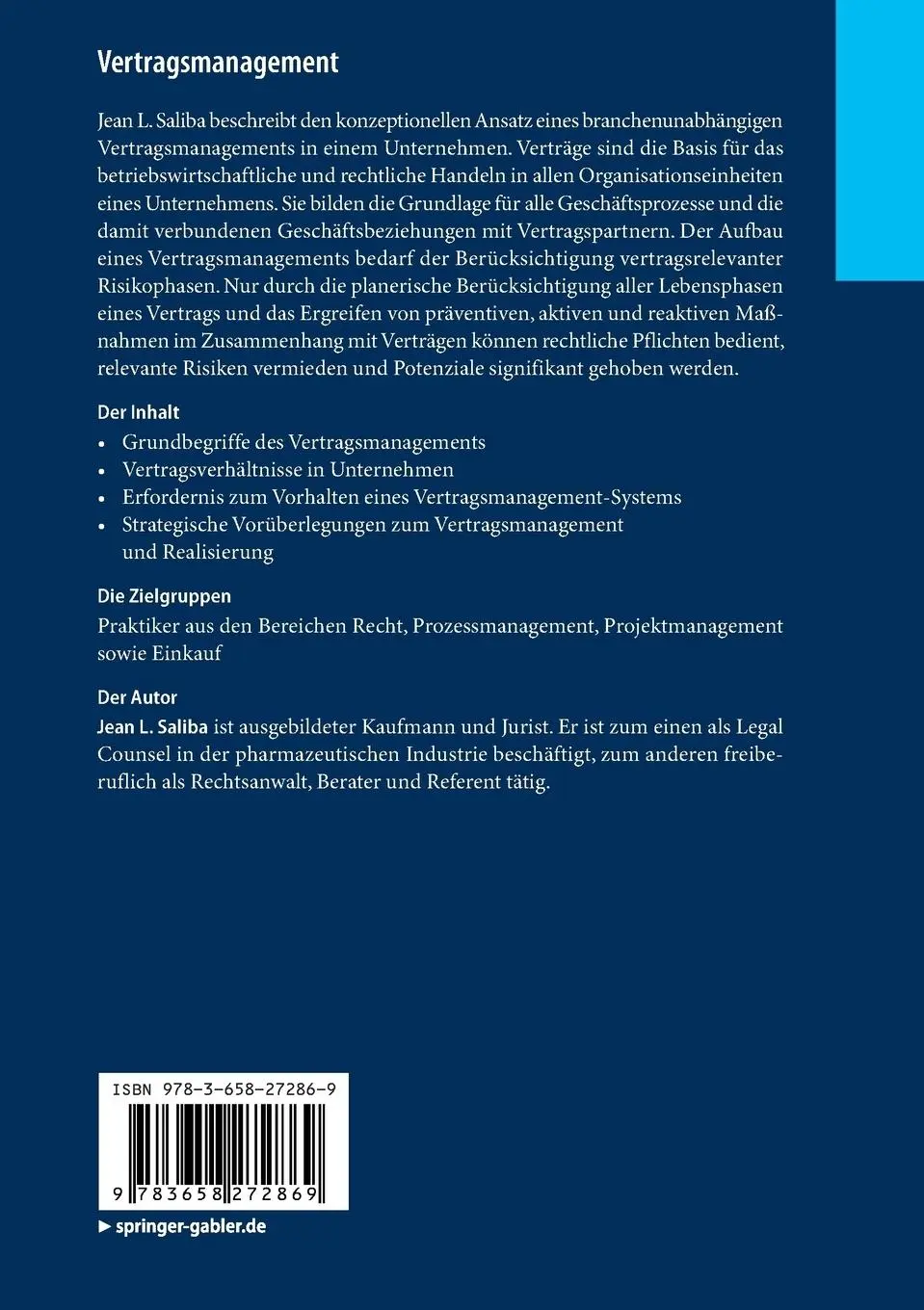 Rückseite: 9783658272869 | Vertragsmanagement | Jean L. Saliba | Taschenbuch | ix | Deutsch