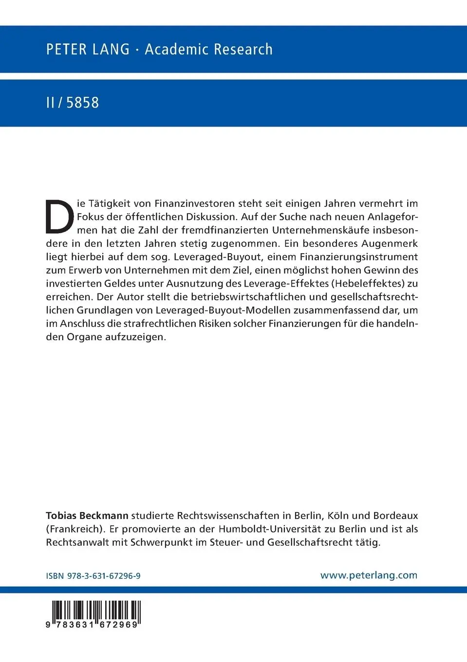 Rückseite: 9783631672969 | Die strafrechtliche Bewertung von Leveraged-Buyout-Modellen | Beckmann